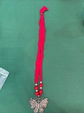Red String Necklace With Red & Silver Beads  Butterfly  Pendant New #68A